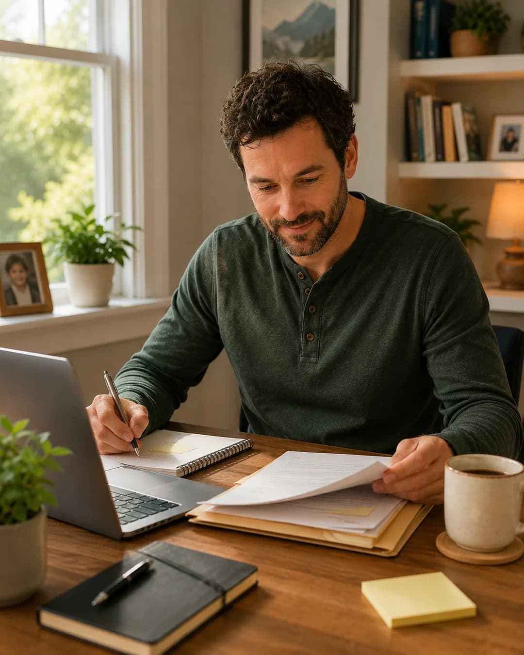 A parent organizing documents at a tidy home desk by a window